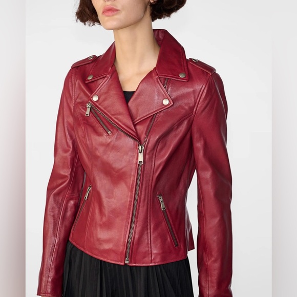 Women’s Red Leather Moto Jacket Size Small - Picture 6 of 7